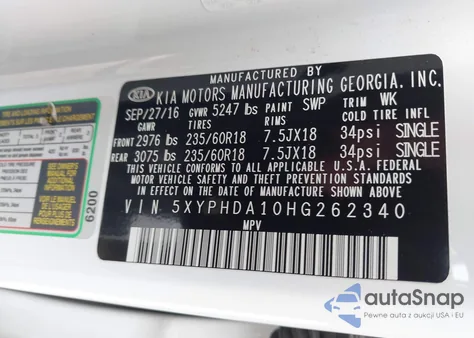 2017 Kia Sorento 2.0T Ex from USA, damaged, VIN 5XYPHDA10HG262340